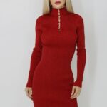 Rochie Francy, midi, guler pe gat, model decupat si textura striata cu sclipici, Rosu, Marime S/M