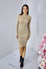 Rochie Francy, midi, guler pe gat, model decupat si textura striata cu sclipici, Crem, Marime S/M - imagine 2