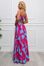 Rochie lunga Camelea, cu imprimeu floral, spatele gol si funda, Exotic Plume BLUE, Marime S/M - imagine 2