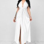 Rochie lunga cu cristale JHOSY si decolteu adanc, ALB, Marime S/M