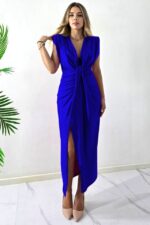 Rochie lunga cu cristale JHOSY si decolteu adanc, Albastru Royal, Marime S/M