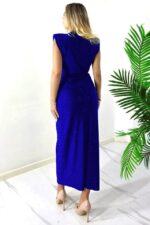 Rochie lunga cu cristale JHOSY si decolteu adanc, Albastru Royal, Marime S/M - imagine 2