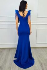 Rochie lunga cu trena Zenaria, cristale si crapatura pe picior, Albastru Royal - imagine 2