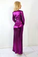 Rochie lunga de seara Aurelia, din lurex cu crapatura ampla, Mov Metalizat, Marime S/M - imagine 2