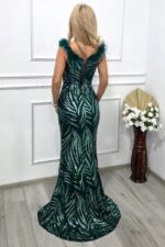 Rochie lunga de seara VaLLia, croi sirena, cu paiete si pene strut, Verde - imagine 2