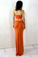 Rochie lunga de vara ELPIRI, croi decupat cu impletituri, Portocaliu, Marime S/M - imagine 2