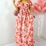 Rochie lunga ISHANI, cu aspect matasos si ciucuri decorativi, Corai, Marime S/M/L