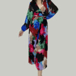 Rochie lunga Kaleya, cu textura plisata, vaporoasa si cordon in talie, Floral scent, Rosu bordo