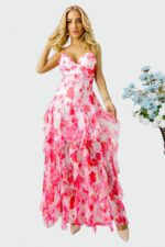 Rochie lunga Nathalea, din ?ifon, cu falduri si volane, Rosu, Marime S/M - imagine 2