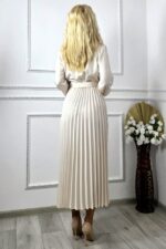 Rochie lunga plisata NOVARA, decolteu petrecut si revere, Crem, Marime S/M - imagine 2
