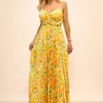 Rochie lunga plisata NYSA, cupe buretate si legare spate, Galben Hortensia, Marime S/M
