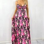 Rochie lunga plisata NYSA, cupe buretate si legare spate, Negru-Roz, Marime S/M