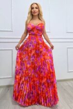 Rochie lunga plisata NYSA, cupe buretate si legare spate, Orange Hortensia, Marime S/M - imagine 2