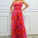 Rochie lunga plisata NYSA, cupe buretate si legare spate, Orange Hortensia, Marime S/M