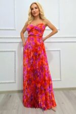 Rochie lunga plisata NYSA, cupe buretate si legare spate, Orange Hortensia, Marime S/M