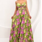 Rochie lunga plisata NYSA, cupe buretate si legare spate, Verde Olive, Marime S/M