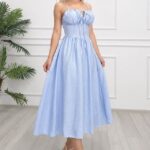 Rochie midi Ariella, cu bretele reglabile si tesatura crinkle, Baby Blue, Marime S/M