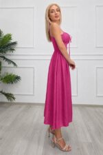 Rochie midi Ariella, cu bretele reglabile si tesatura crinkle, Fucsia, Marime S/M - imagine 2