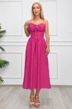 Rochie midi Ariella, cu bretele reglabile si tesatura crinkle, Fucsia, Marime S/M