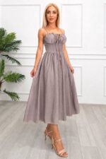 Rochie midi Ariella, cu bretele reglabile si tesatura crinkle, Gri , Marime S/M