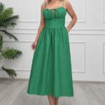 Rochie midi Ariella, cu bretele reglabile si tesatura crinkle, Verde, Marime S/M