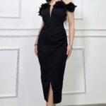 Rochie midi bodycon, SEVRIA, tip off-shoulder si detalii florale, NEGRU