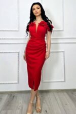 Rochie midi bodycon, SEVRIA, tip off-shoulder si detalii florale, Rosu - imagine 2