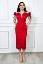 Rochie midi bodycon, SEVRIA, tip off-shoulder si detalii florale, Rosu