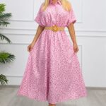 Rochie midi casual EVELISSE, cu buline ?i curea texturatÇ, Roz, Marime S/M