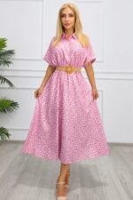 Rochie midi casual EVELISSE, cu buline ?i curea texturatÇ, Roz, Marime S/M