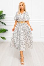 Rochie midi casual EVELISSE, cu guler camasa ?i curea texturatÇ, Alb, Marime S/M