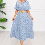 Rochie midi casual EVELISSE, cu guler camasa ?i curea texturatÇ, Baby Blue, Marime S/M