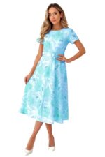 Rochie Nayla de vara, cu falduri si imprimeu floral, Turcoaz, Marime S/M - imagine 2