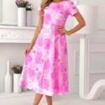 Rochie Nayla de zi, cu falduri si imprimeu floral, Fucsia, Marime S/M