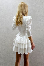 Rochie satinata Claire, cu volane si maneci lungi usor bufante, Alba, Marime universala S/M - imagine 2