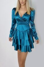 Rochie satinata Claire, cu volane si maneci lungi usor bufante, Albastru metalic, Marime S/M