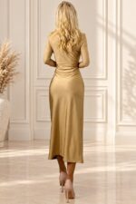 Rochie satinata de ocazie Julietta, cu maneca lunga si falduri, Auriu, Marime S/M - imagine 2