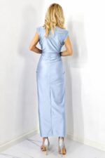 Rochie satinata Ilaria, croiala lunga si crapatura pe picior, CYAN, Marime S/M - imagine 2