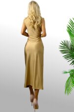 Rochie satinata Ilaria, croiala lunga si crapatura pe picior, Gold, Marime S/M - imagine 2