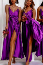 Rochie satinata Jhade, colectie pentru domnisoare de onoare, Set Mov, Marime S/M - imagine 2