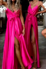 Rochie satinata Jhade, colectie pentru domnisoare de onoare, Set Roz fucsia, Marime S/M - imagine 2