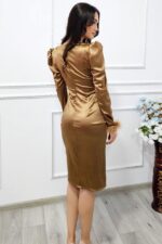 Rochie satinata Marinea, cu crapatura pe picior, maneci bufante si mansete cu puf, Bronz, Marime S/M - imagine 2