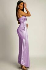 Rochie satinata, OLyna, crapatura ampla si fald lateral, LILA, Marime S/M - imagine 2