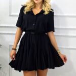 Rochie scurta, casual Peony, cu volane si revere, Negru, Marime S/M