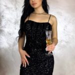 Rochie scurta de ocazie LUMY, paiete si cupe buretate, Negru, Marime S/M