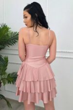 Rochie scurta de ocazie, VALORIA, cu volane si bretelute, Roz pudrat, Marime S/M - imagine 2