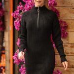 Rochie scurta tip hanorac Marybel, din tricot gros, cu fermoar scurt si guler inalt, Negru, Marime S/M/L