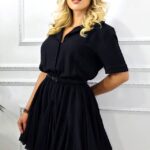 Rochie vascoza cu volane Peony Pearl, tip camasa si curea inclusa, Negru, Marime S/M