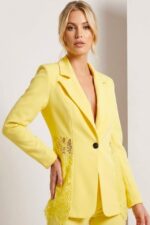 Sacou cambrat, de ocazie, Roselle, cu panou asimetric din dantela, Galben, Marime S/M