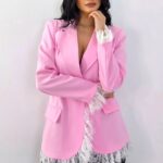 Sacou lung, elegant KISHA Pastel, cu garnituri din dantela, Roz, Marime S/M